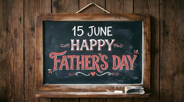 Handwritten Happy Father's Day message on wooden chalkboard sign with date for celebration