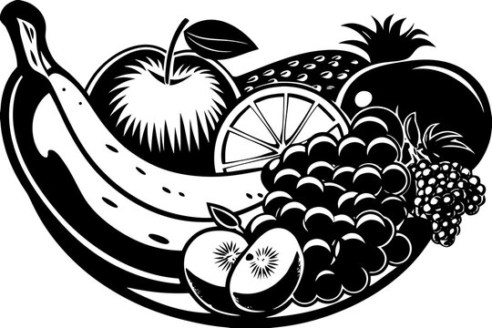A black and white vector illustration of various fresh fruits including bananas, apples, and grapes, showcasing a vibrant and healthy snack option with a mix of textures and shapes.