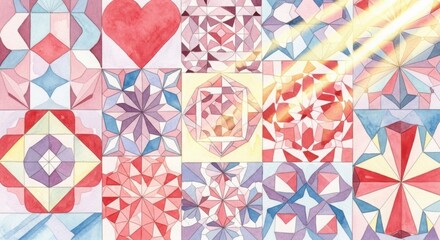 Obraz premium Colorful geometric quilt with heart and floral patterns