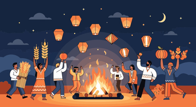 People dancing around a fire pit.