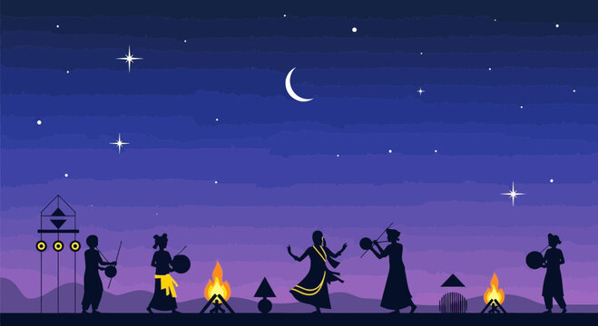People dancing around campfires at night.