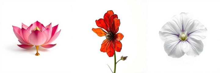 Fototapeta premium Floral composition. Three distinct blooms presented against white background. Delicate petals, vibrant colors, botanical study.