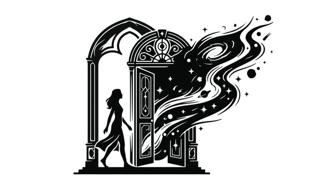 Woman stepping through an ornate doorway into a swirling cosmic nebula