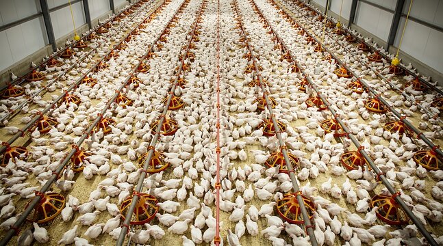 Large scale intensive poultry farming operation with many chickens inside a warehouse.