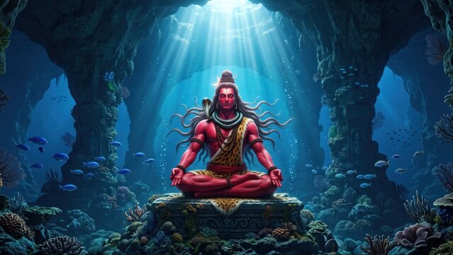 Crimson Rudra Mahadev Underwater Powerful Divine Shiva Artwork