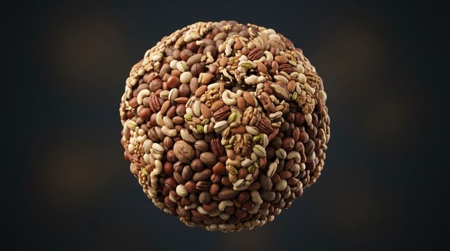 Assorted nuts including walnuts, almonds, cashews, and peanuts arranged in a spherical shape against a dark background, showcasing their diverse textures and colors