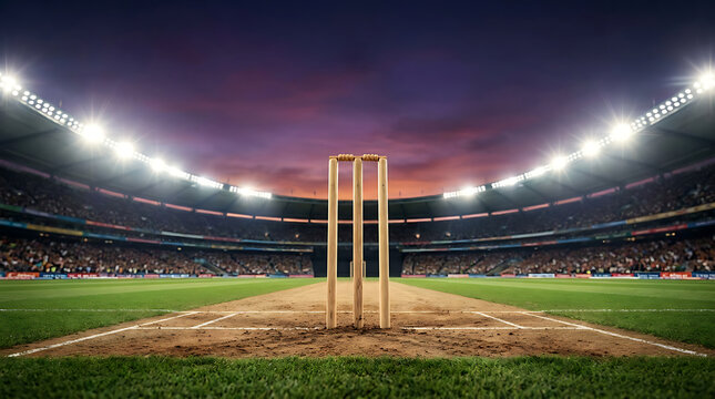 Cricket wickets standing on a pitch inside a large illuminated stadium at sunset