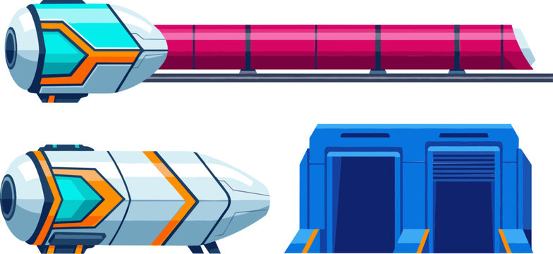 Futuristic High Speed Train Vector Set with Hyperloop Pod Maglev Transportation and Sci Fi Station Gate Icons for Modern Tech Mobility Designs