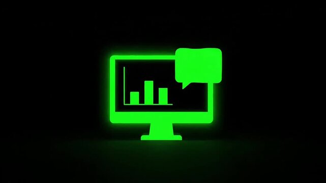 Glowing green bar chart on computer monitor with speech bubble for business analytics and