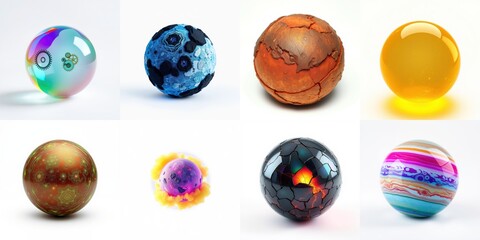 Fototapeta premium Colorful spherical objects resembling planets. Diverse textures, hues present. Bright lighting, white background dominates composition.
