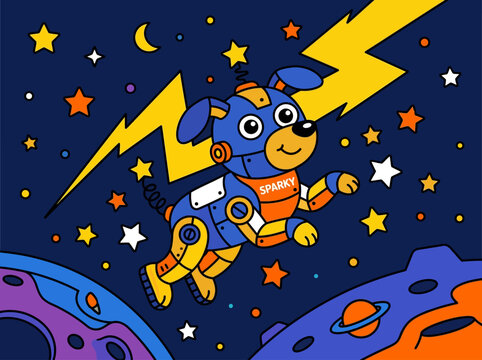 Cartoon dog in space suit flying.