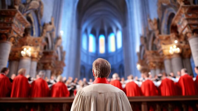 Choir member in white robe leading choir with red robes inside gothic church