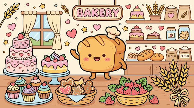 Cartoon bakery bear with bread.