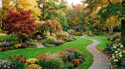 Obraz premium Beautiful autumn garden with winding path and vibrant flower beds