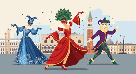 Fototapeta premium People Wearing Masks and Costumes Dancing.