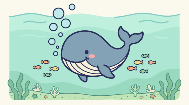 Smiling cartoon whale in water.