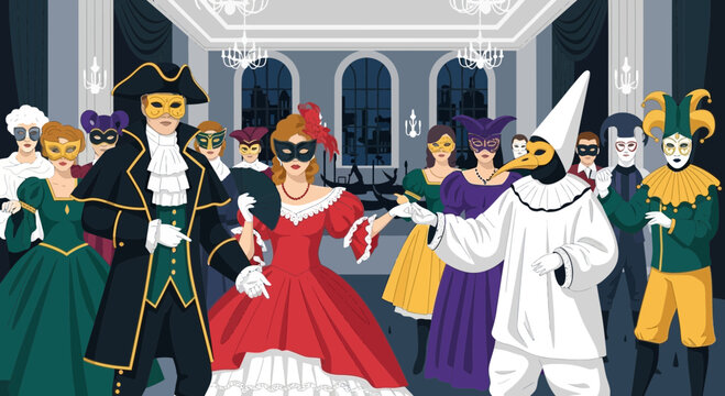 People wearing costumes and masks dancing.