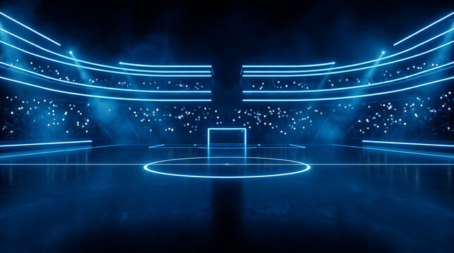 Futuristic indoor sports arena with glowing neon blue stadium lights and cheering crowd in the background