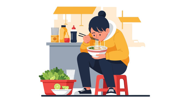 Woman eating noodles from bowl.