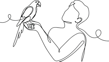 Minimalist continuous line drawing of a person holding a parrot on their hand, a modern interpretation of human © pyenga