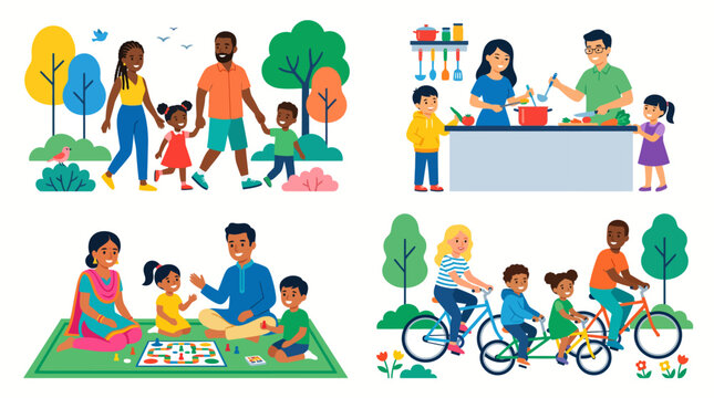 Illustrations of happy family moments.