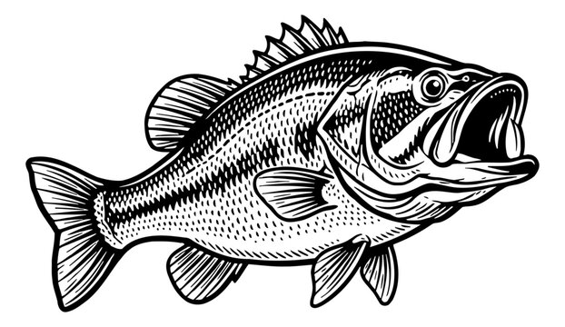 Black and white illustration of a large mouth bass fish with its mouth open jumping detailed vector art