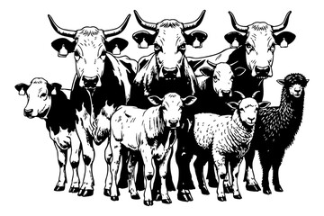 Obraz premium Farm animals portrait group including cows calves sheep and an alpaca in black and white illustration