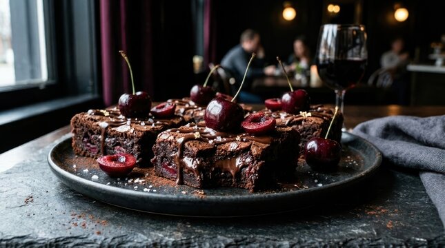 Decadent chocolate cherry brownies served with a glass of red wine