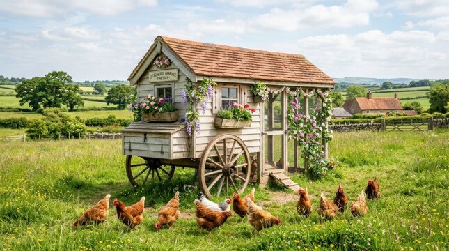 Charming chicken coop on wheels in a sunny meadow with flowers and chickens