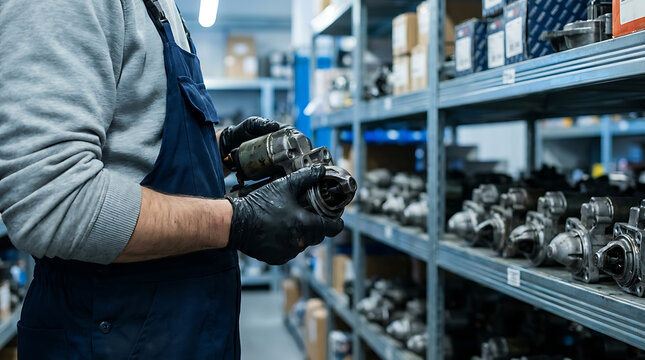 Mechanic holding a car starter motor in an automotive parts warehouse with shelves of inventory