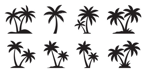 Black silhouettes of double palm trees on islands vector graphics for summer paradise and tourism marketing art. © Md