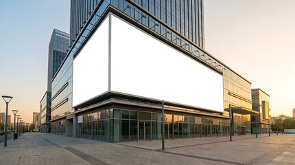Fototapeta premium A blank poster mockup is displayed on a large billboard outside a modern glass building in a city during sunset.