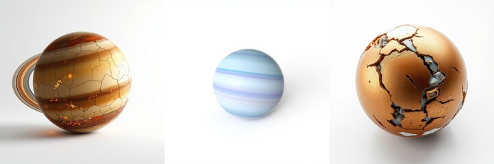 Fototapeta premium Planetary representations showcase diverse textures, colors. Spheres depict celestial bodies, possibly gas giants or rocky planets. Visuals suggest cosmic phenomena.