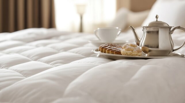 Breakfast served on a fluffy white bed