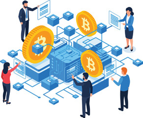 Naklejka premium Isometric digital network with Bitcoin coins and people interacting with data interfaces, perfect for cryptocurrency promotion, blockchain technology and financial concept art.