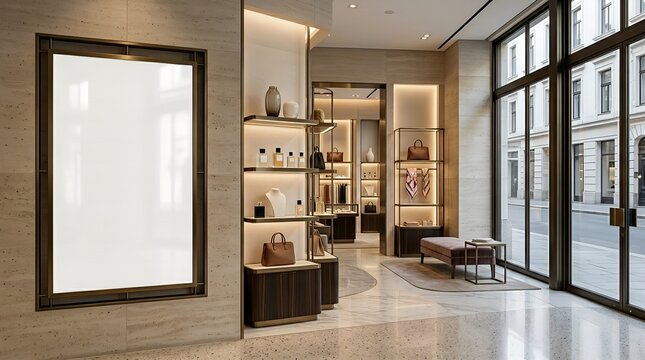 Blank poster mockup in an elegant luxury retail store lobby, ideal for showcasing advertisements and branding in a sophisticated modern environment