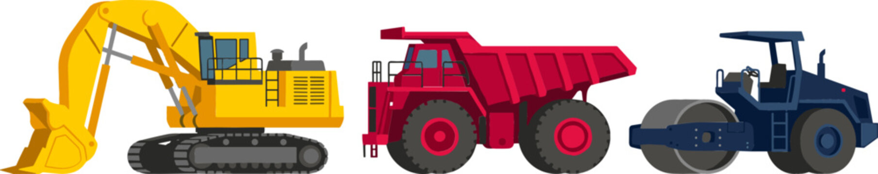 Heavy Construction Machinery Vector Set with Yellow Hydraulic Excavator Red Mining Dump Truck and Blue Road Roller for Building and Engineering Designs