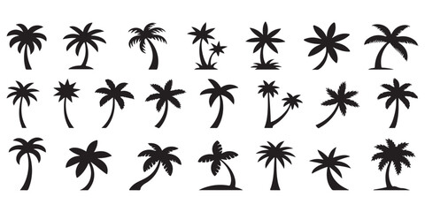 Collection of various palm tree vector silhouettes isolated on white background for travel and summer themed designs. © Md