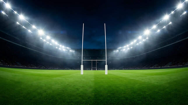 Rugby stadium field at night with floodlights and goal posts, empty arena for sporting event