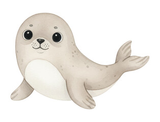 Obraz premium Cute Baby Seal Happily Smiling with Big Eyes in a Friendly Watercolor Illustration Style