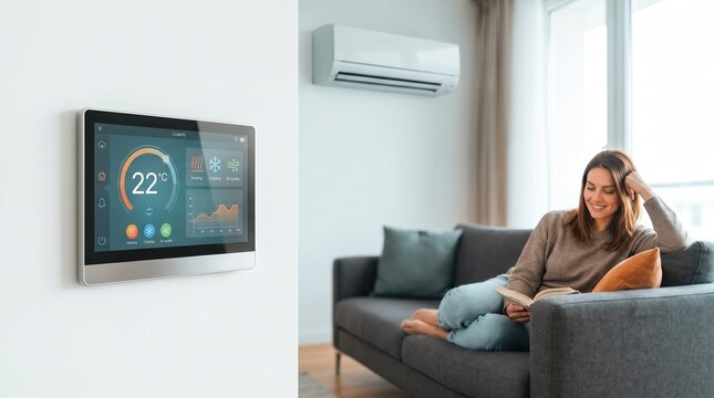 Smart Home Thermostat Control Panel on Wall with Woman Relaxing in Living Room for HVAC Automation and Energy Management