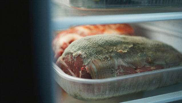 A close-up view of spoiled meat showing significant mold growth inside a refrigerator. The meat is in a plastic container, highlighting food safety concerns.