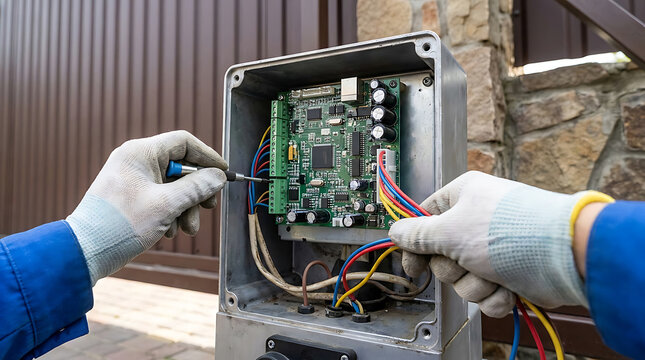 Technician repairing an electronic automatic gate controller circuit board with a screwdriver
