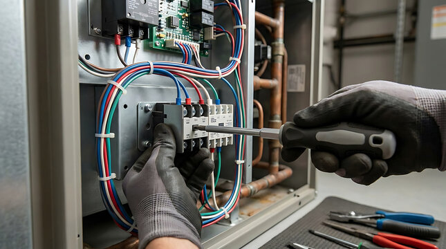 Technician using a screwdriver to repair electrical components inside a heating and cooling system unit