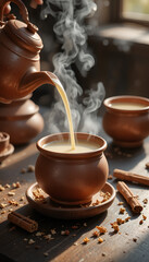 Fototapeta premium Stock photo of aromatic traditional south asian chai with cinnamon sticks and rising steam in cozy kitchen