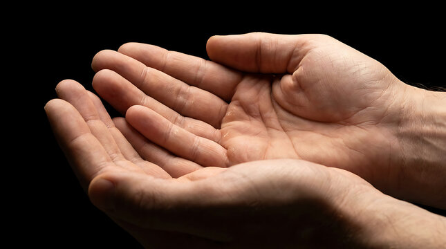 Two open cupped hands gesturing to offer, receive or beg isolated on black background