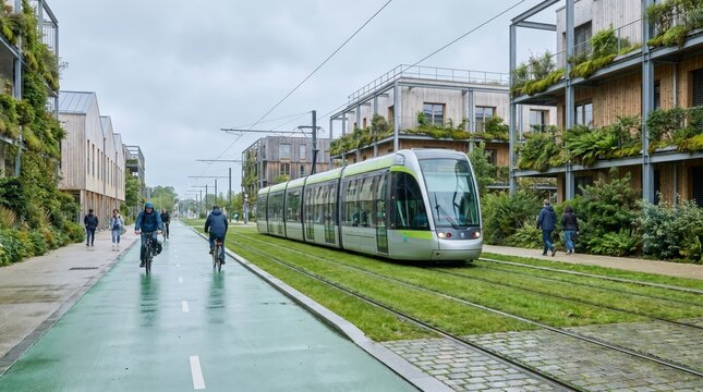 Modern electric tram moving through sustainable eco-friendly neighborhood with bike lanes and vertical gardens for green urban planning and public transit projects