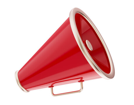 Red megaphone with handle. Loud speaker for voice amplifiing. Bullhorn tool for announcement. Information announcer. Loudspeaker communication equipment. Isolated PNG 3D Illustration