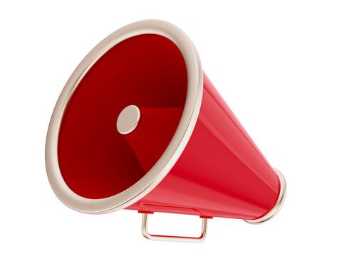 Red megaphone with handle. Loud speaker for voice amplifiing. Bullhorn tool for announcement. Information announcer. Loudspeaker communication equipment. Isolated PNG 3D Illustration