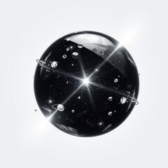 Fototapeta premium Orb reflects cosmos. Stars, planets, rings visible within glossy sphere. Bright light emanates from center, creating dramatic effect.